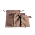 Brown velvet drawstring jewelry pouches set in small, medium, and large sizes - Light Coffee