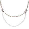 Double-layered silver floral necklace with rhinestone flowers and elegant pearl bead strand - Imitation Pearl Flower Irregular Double Chain / Silver
