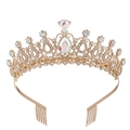 Golden bridal crown featuring aurora crystals and secure hair combs for wedding hairstyles - With Combs / Gold-White AB