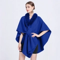 Elegant royal blue knit poncho with faux rabbit fur collar and bow tie detail - Royal Blue