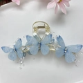 Light blue butterfly hair claw clip with crystal beads and sheer fabric decoration - Gradient Blue