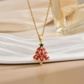Élégant collier sapin de Noël doré avec émail rouge et cristaux sur une chaîne fine - Style Sapin de Noël Rouge et Vert (XL0926)