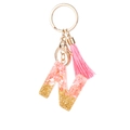 Pink resin letter N keychain with gold foil flakes and matching pink tassel accessory - Pink Gold Foil N