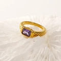 Detail of 18k gold croissant ring with rectangular purple gemstone on coral base - Gold Purple Zirconia