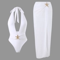 Detailed view of white bikini with gold starfish buckle and matching slit cover-up skirt - S / White