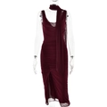 Sexy burgundy mesh dress with cowl neck, side slit and matching long scarf on white background - S / Ruched Mesh Halter Style (With Scarf) / Burgundy
