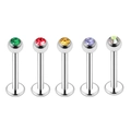 Set of 5 stainless steel labret studs with colorful round gemstones in silver finish - Colorful Rhinestone Ball Style