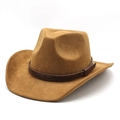 Western style camel faux suede cowboy hat featuring vintage patterned brown decorative band - M (56-59cm) / Khaki