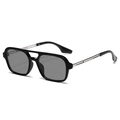 Fashion double bridge square sunglasses with black acetate frame and silver metal temples - Black Frame Grey Lens