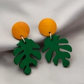 Tropical monstera leaf drop earrings in orange and dark green with a sleek satin finish - Green Orange Monstera Leaf Dangle