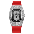 Detail of tonneau diamond watch with red silicone strap and crystal encrusted bezel - Red