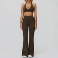 Set sportivo marrone scuro con reggiseno allacciato al collo e pantaloni yoga svasati a vita alta - Taglia S / Reggiseno+Pantaloni a Zampa-Caffè Scuro