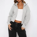 Chic grey cable knit cardigan with zipper and ribbed cuffs for women fashion - S / Gray