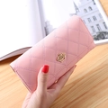 Pink long tri-fold PU leather wallet for women with quilted pattern and gold crown clasp - Pink