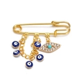 Golden safety pin brooch with blue evil eye charms and sparkling rhinestones - Pin with Five Blue Evil Eye Charms