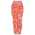 Orange tropical floral wrap skirt with bohemian patterns and gathered waist detail - Orange Floral Wrap Skirt