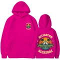 Unisex rose red hoodie with Alligator Alcatraz print featuring front and back view - Rose Red