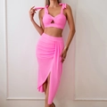 Three-piece vibrant pink bikini set with bow straps and matching high-waist slit skirt - Pink