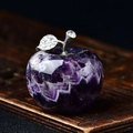 Macro shot of natural purple amethyst apple with metal leaf detailing on wood base - Amethyst Apple / 4.5*4.2cm