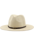 Classic straw fedora hat in beige with leather band and bull emblem for outdoor sun protection - Beige