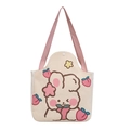 Sac fourre-tout en toile beige avec motif lapin et pêches et anses roses pour étudiante - Lapin Câlin / Pêche