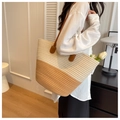 Two-tone woven cotton tote bag with brown leather straps in a minimalist Nordic style - Patchwork/No Zipper / Beige and Khaki