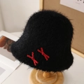 Sombrero de felpa negra para mujer con lazos de lunares rojos para el invierno cálido - M (56-58cm) / Black (Bow Style)