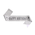 Detailed view of silver glitter birthday sash with black Happy Birthday lettering - HAPPY BIRTHDAY Wine Glass Silver