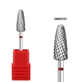 Detailed macro view of tungsten nail drill bit with spiral teeth and protective red base - Red Ring Pointed Drill Bit (OMWGY10)