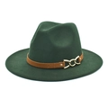 Dark green wool fedora with brown leather band and gold metal chain buckle detail - M (56-58cm) / Dark Green