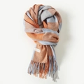 Soft blended cashmere plaid scarf in vibrant orange and light grey with tassel edges - 200x70cm / Blue Orange