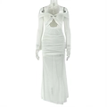 Detail of white hollow halter neckline with twisted ruched bodice and long sleeves - S / White