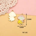 Front and back detail of mushroom charms showing 25mm height and enamel craft - Mushroom Girl Picking Flowers