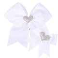 Set van twee witte ripsband haarstrikken met zilveren glitter hartvormige accenten - 2-delige set (Groot + Klein) / Wit
