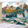 Modern abstract mountain wall tapestry with geometric golden sun and pine forest design - 150x130cm / Marble Geometric Abstract