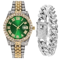 Close-up of iced-out Cuban chain and luxury green dial watch with roman numerals - Green Watch + Silver Bracelet