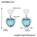 Blue heart-shaped glass stone drop earrings in 18k gold plated stainless steel - Lake Blue Faceted Stone Steel Earrings (F947)
