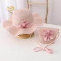 Pink flower straw hat and crossbody bag set for little girls' summer sun protection - Hat + Bag Set / Pink