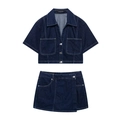 Dunkelblaues Damen-Denim-Set mit kurzem Hemd und Minirock für den modischen Frühling - XS / Dunkelblaues Set