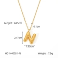 Detailed size specifications for a gold bubble letter N necklace pendant in stainless steel - Letter N (HC-N40051-N)
