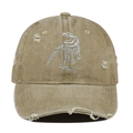 Close-up of khaki distressed baseball cap featuring white dinosaur skeleton embroidery - Khaki