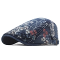 Dames baret van donkerblauw denim met bloemenprint en verstelbare metalen gespsluiting - Donkerblauw