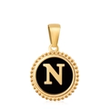 18K gold plated round pendant with black enamel inlay and golden letter N detail - Letter N