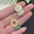 Enamel sunflower charms with yellow petals and green leaves on golden metal alloy - Sunflower