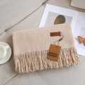 Solid light camel long cashmere-feel scarf with tassels and brand leather tag - 8# Beige