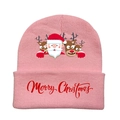 Pink Christmas knit beanie with cartoon Santa pattern and Merry Christmas embroidery - Pink-Style E