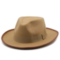 Classic camel wool felt fedora with a wide brim and decorative brown ribbon trim - M (56-58cm) / Camel