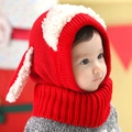 Red knit baby hooded scarf with cute puppy ears and warm white fleece trim detail - Red