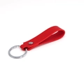 Minimalist red PU leather keychain with a polished silver metal ring on white background - Bright Red & Silver