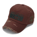 Detail of distressed brown baseball cap with Boston embroidery and frayed brim texture - One Size(Adjustable) / Coffee